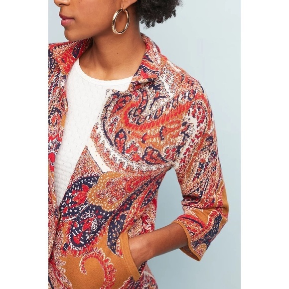 Anthropologie Moth Paisley Intarsia Sweater Knit Cardigan Cotton Blend Jacket M - Picture 2 of 12